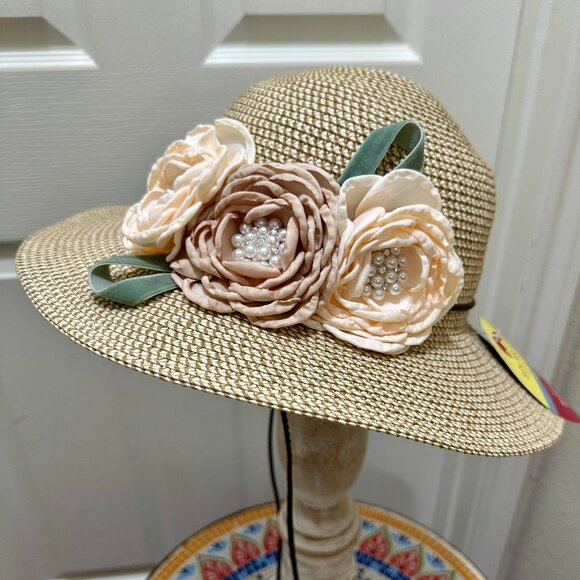 Elegant Women's Tweed Sun Hat With Satin Flowers And Pearls Special Event (NEW) - Picture 14 of 14